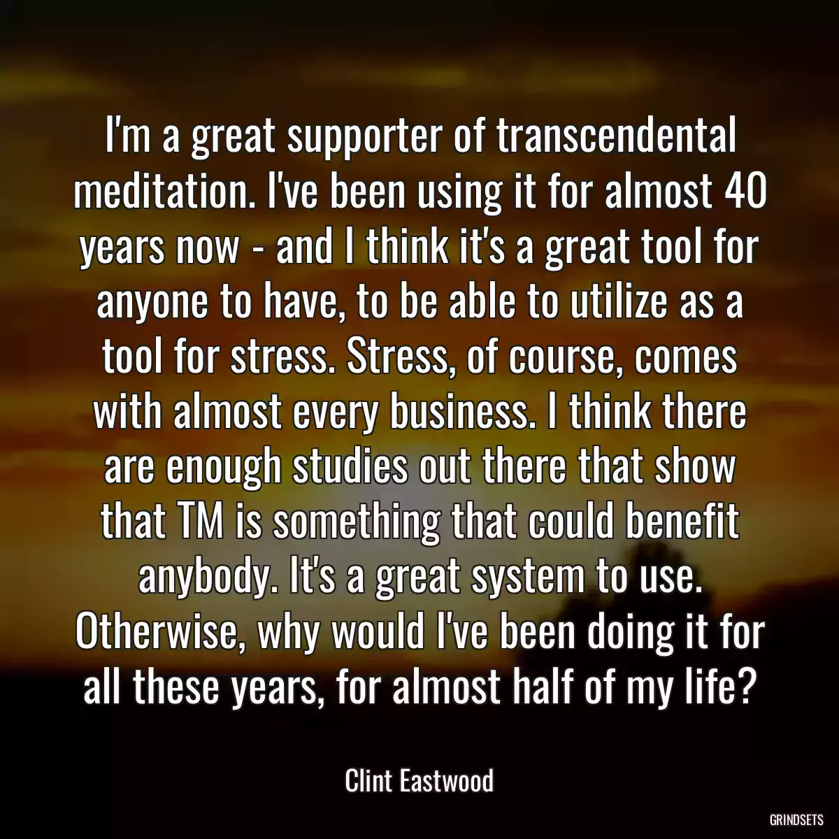 I\'m a great supporter of transcendental meditation. I\'ve been using it for almost 40 years now - and I think it\'s a great tool for anyone to have, to be able to utilize as a tool for stress. Stress, of course, comes with almost every business. I think there are enough studies out there that show that TM is something that could benefit anybody. It\'s a great system to use. Otherwise, why would I\'ve been doing it for all these years, for almost half of my life?