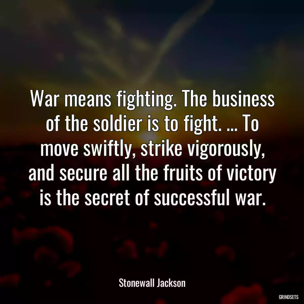 War means fighting. The business of the soldier is to fight. ... To move swiftly, strike vigorously, and secure all the fruits of victory is the secret of successful war.