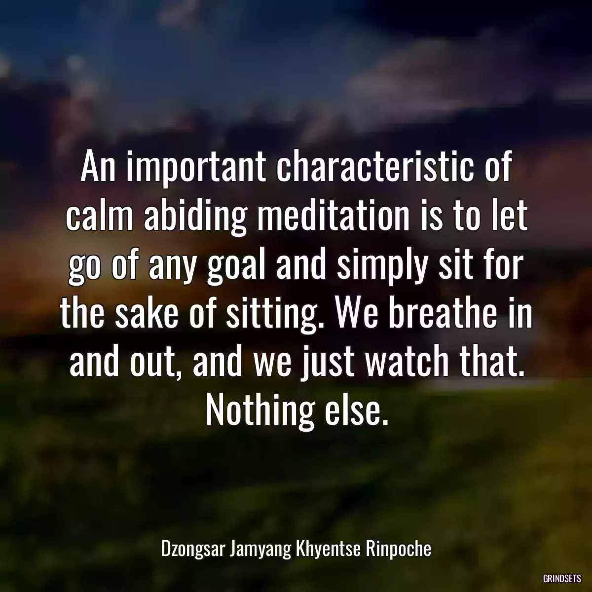 An important characteristic of calm abiding meditation is to let go of any goal and simply sit for the sake of sitting. We breathe in and out, and we just watch that. Nothing else.