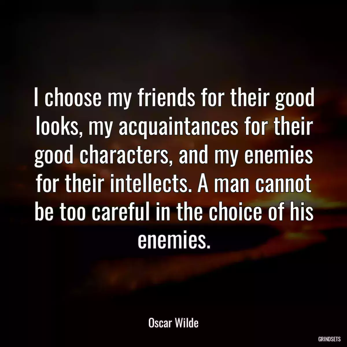 I choose my friends for their good looks, my acquaintances for their good characters, and my enemies for their intellects. A man cannot be too careful in the choice of his enemies.