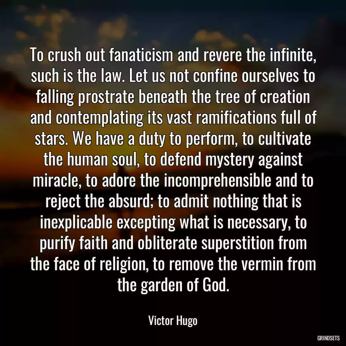 To crush out fanaticism and revere the infinite, such is the law. Let us not confine ourselves to falling prostrate beneath the tree of creation and contemplating its vast ramifications full of stars. We have a duty to perform, to cultivate the human soul, to defend mystery against miracle, to adore the incomprehensible and to reject the absurd; to admit nothing that is inexplicable excepting what is necessary, to purify faith and obliterate superstition from the face of religion, to remove the vermin from the garden of God.