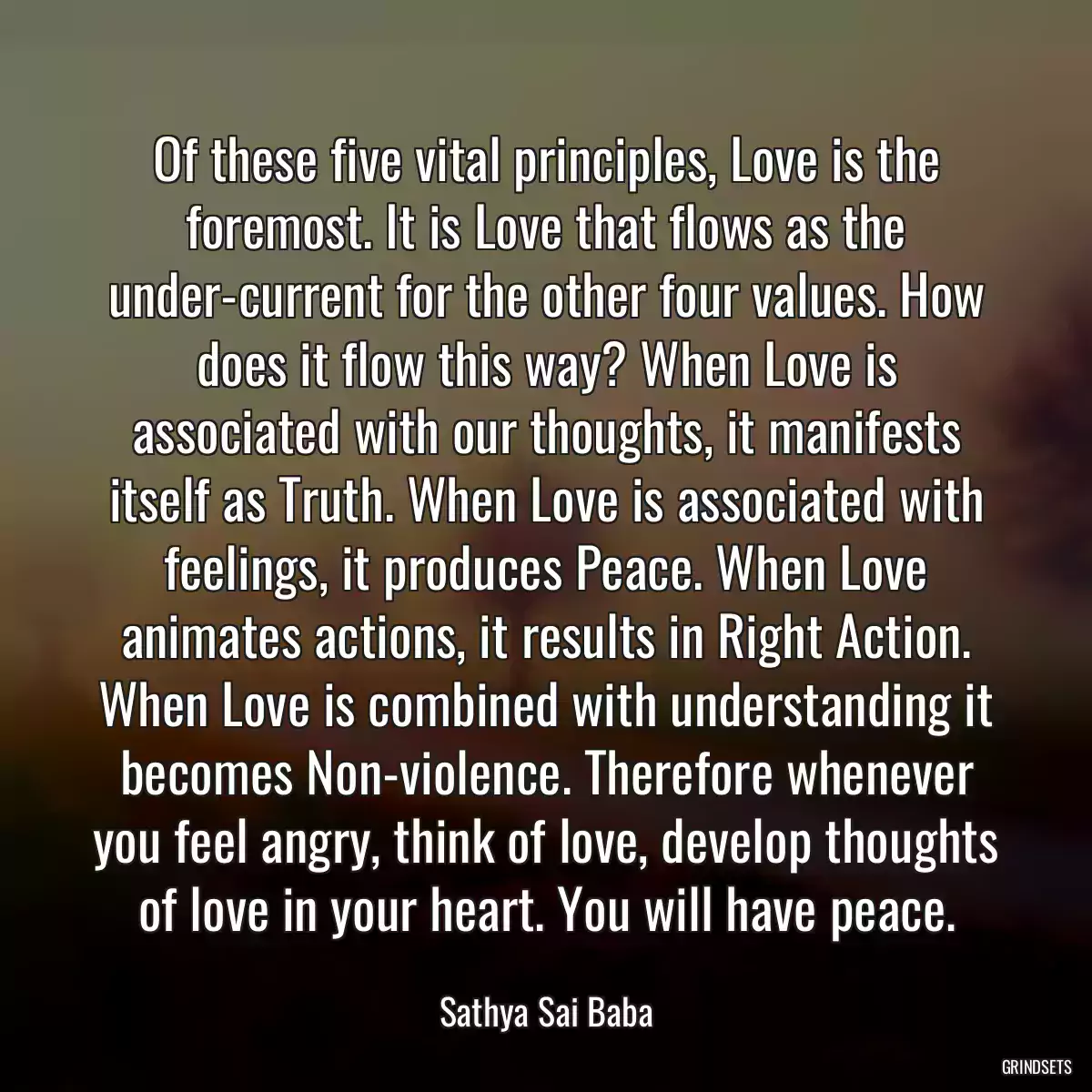 Of these five vital principles, Love is the foremost. It is Love that flows as the under-current for the other four values. How does it flow this way? When Love is associated with our thoughts, it manifests itself as Truth. When Love is associated with feelings, it produces Peace. When Love animates actions, it results in Right Action. When Love is combined with understanding it becomes Non-violence. Therefore whenever you feel angry, think of love, develop thoughts of love in your heart. You will have peace.