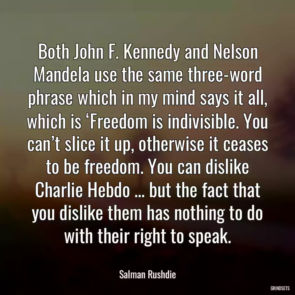 Both John F. Kennedy and Nelson Mandela use the same three-word phrase which in my mind says it all, which is ‘Freedom is indivisible. You can’t slice it up, otherwise it ceases to be freedom. You can dislike Charlie Hebdo … but the fact that you dislike them has nothing to do with their right to speak.