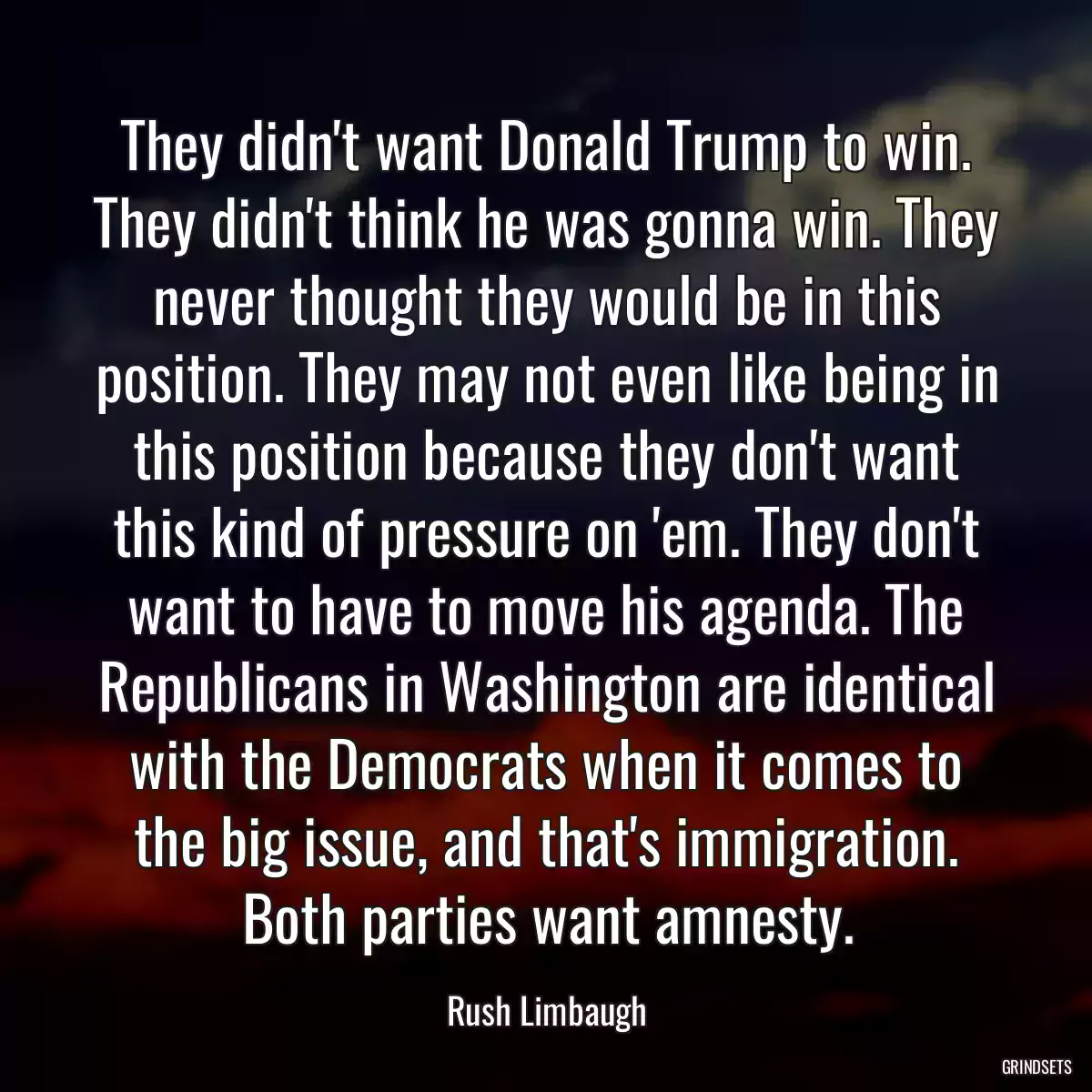 They didn\'t want Donald Trump to win. They didn\'t think he was gonna win. They never thought they would be in this position. They may not even like being in this position because they don\'t want this kind of pressure on \'em. They don\'t want to have to move his agenda. The Republicans in Washington are identical with the Democrats when it comes to the big issue, and that\'s immigration. Both parties want amnesty.