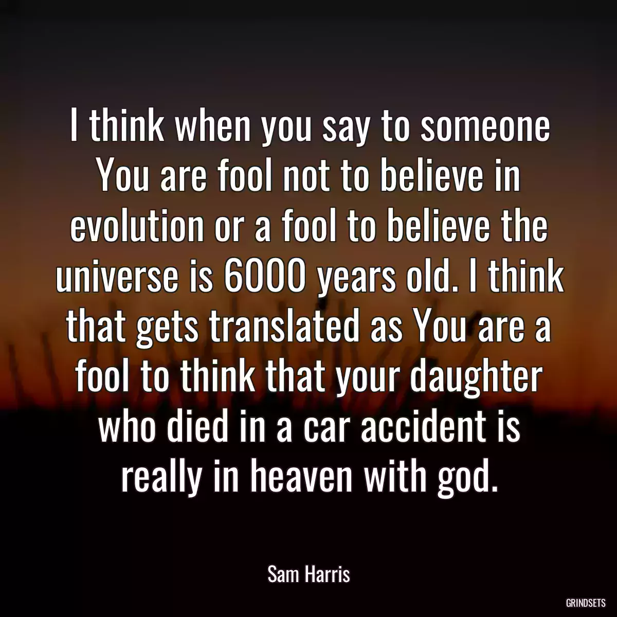 I think when you say to someone You are fool not to believe in evolution or a fool to believe the universe is 6000 years old. I think that gets translated as You are a fool to think that your daughter who died in a car accident is really in heaven with god.