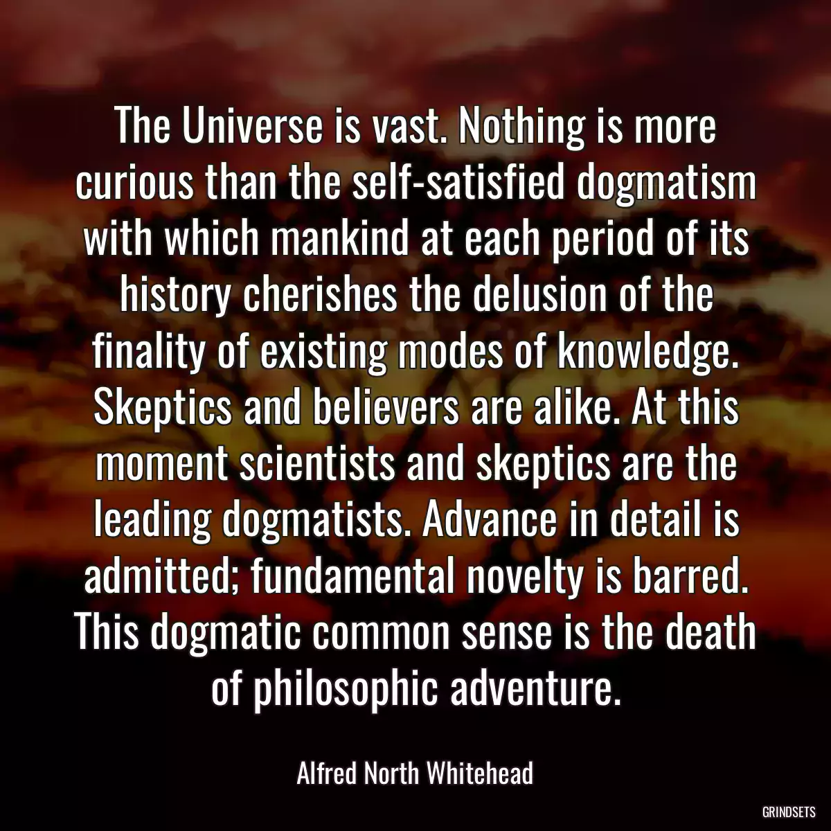 The Universe is vast. Nothing is more curious than the self-satisfied dogmatism with which mankind at each period of its history cherishes the delusion of the finality of existing modes of knowledge. Skeptics and believers are alike. At this moment scientists and skeptics are the leading dogmatists. Advance in detail is admitted; fundamental novelty is barred. This dogmatic common sense is the death of philosophic adventure.