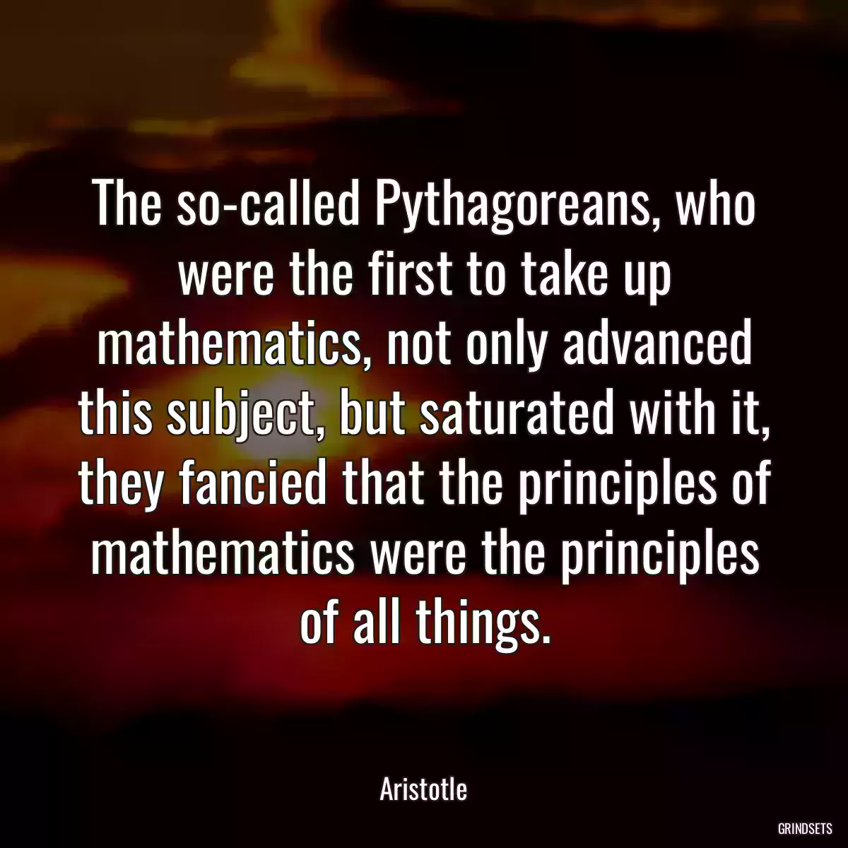 The so-called Pythagoreans, who were the first to take up mathematics, not only advanced this subject, but saturated with it, they fancied that the principles of mathematics were the principles of all things.