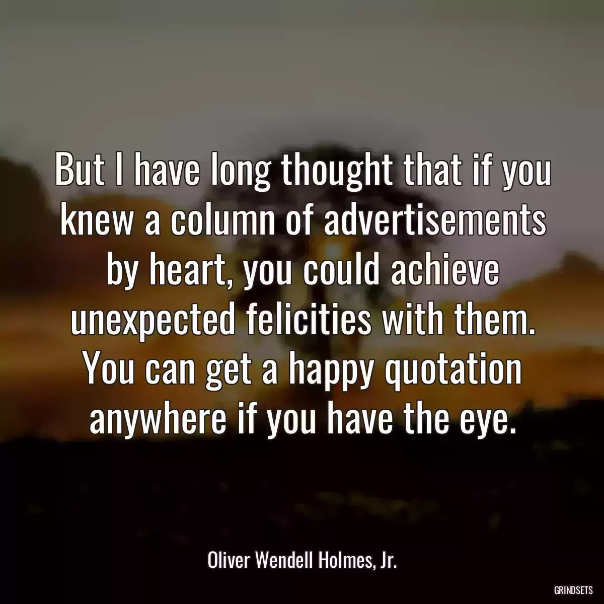 But I have long thought that if you knew a column of advertisements by heart, you could achieve unexpected felicities with them. You can get a happy quotation anywhere if you have the eye.