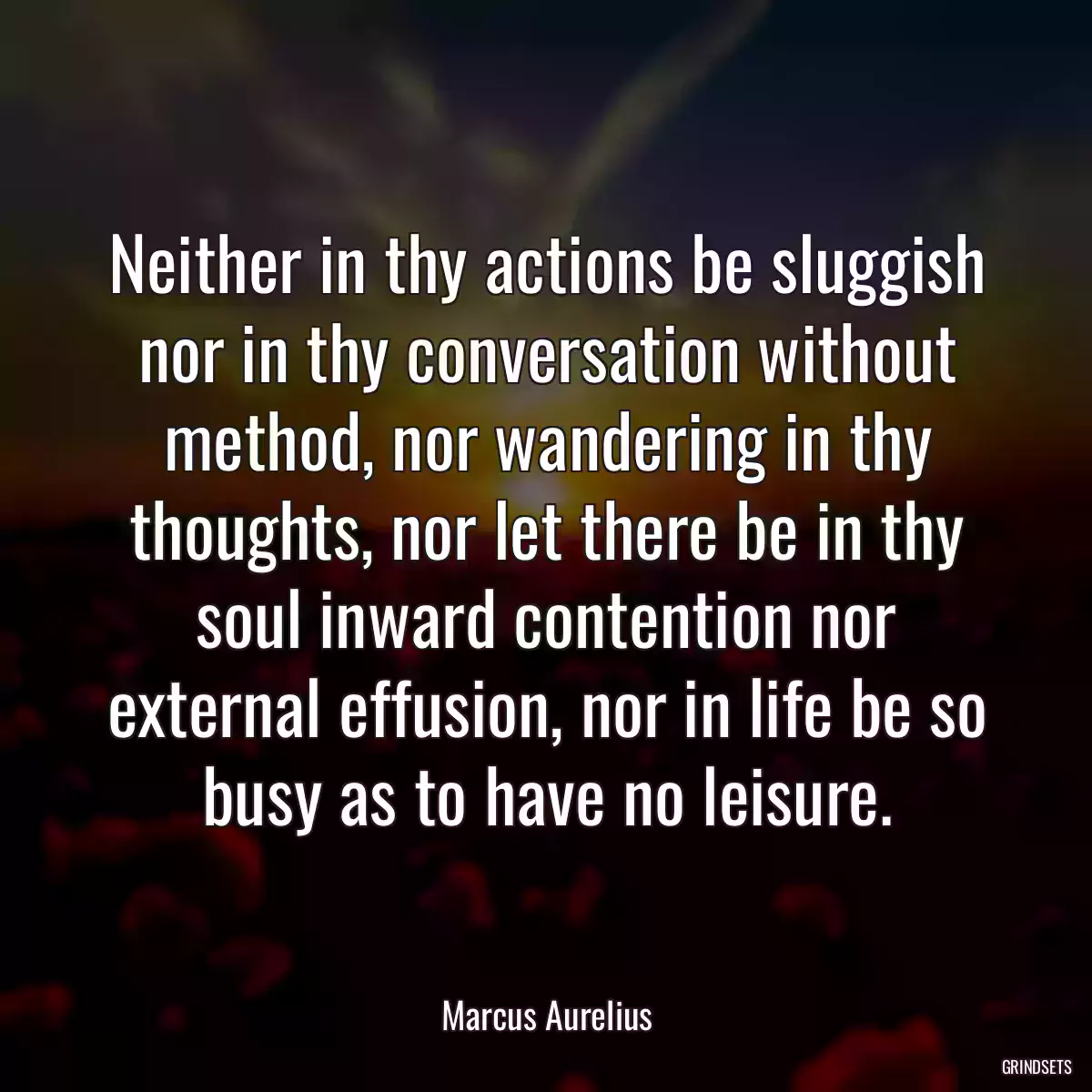 Neither in thy actions be sluggish nor in thy conversation without method, nor wandering in thy thoughts, nor let there be in thy soul inward contention nor external effusion, nor in life be so busy as to have no leisure.