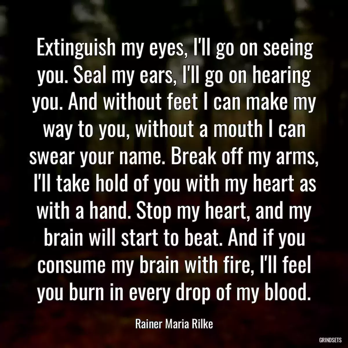 Extinguish my eyes, I\'ll go on seeing you. Seal my ears, I\'ll go on hearing you. And without feet I can make my way to you, without a mouth I can swear your name. Break off my arms, I\'ll take hold of you with my heart as with a hand. Stop my heart, and my brain will start to beat. And if you consume my brain with fire, I\'ll feel you burn in every drop of my blood.