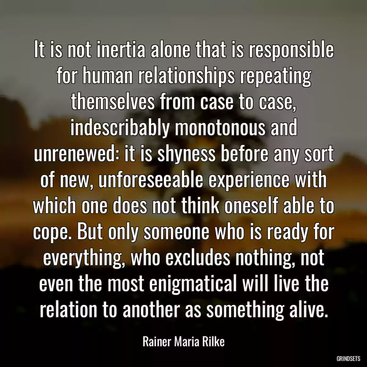 It is not inertia alone that is responsible for human relationships repeating themselves from case to case, indescribably monotonous and unrenewed: it is shyness before any sort of new, unforeseeable experience with which one does not think oneself able to cope. But only someone who is ready for everything, who excludes nothing, not even the most enigmatical will live the relation to another as something alive.