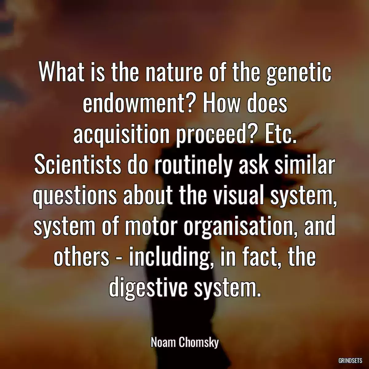 What is the nature of the genetic endowment? How does acquisition proceed? Etc. Scientists do routinely ask similar questions about the visual system, system of motor organisation, and others - including, in fact, the digestive system.