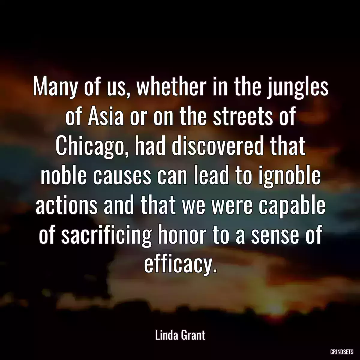 Many of us, whether in the jungles of Asia or on the streets of Chicago, had discovered that noble causes can lead to ignoble actions and that we were capable of sacrificing honor to a sense of efficacy.