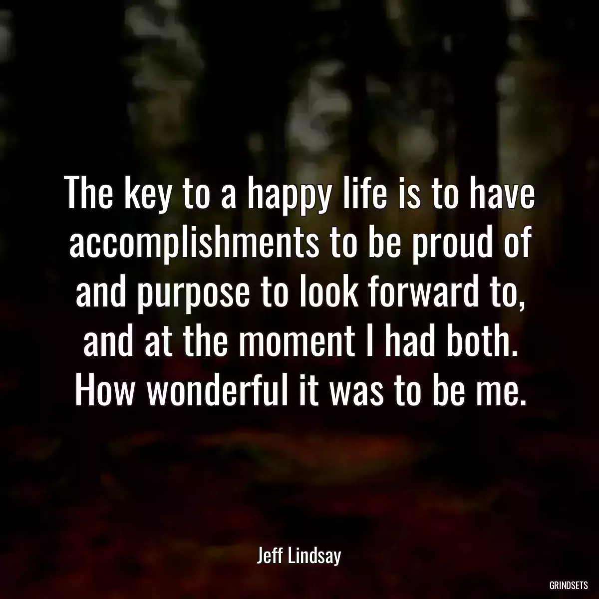 The key to a happy life is to have accomplishments to be proud of and purpose to look forward to, and at the moment I had both. How wonderful it was to be me.