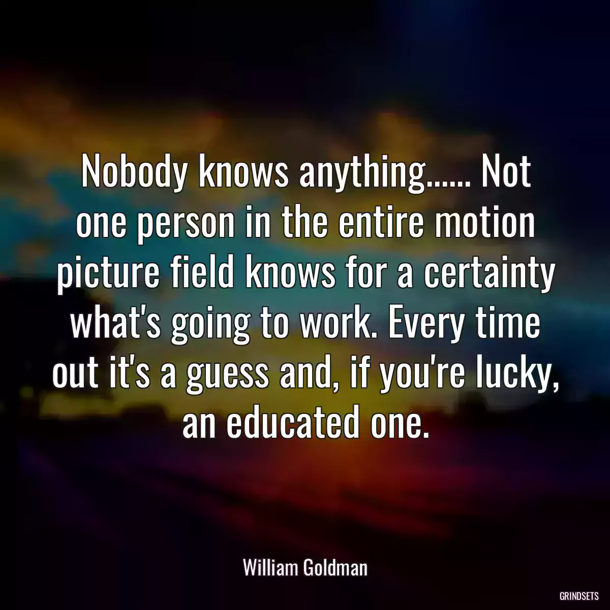 Nobody knows anything...... Not one person in the entire motion picture field knows for a certainty what\'s going to work. Every time out it\'s a guess and, if you\'re lucky, an educated one.