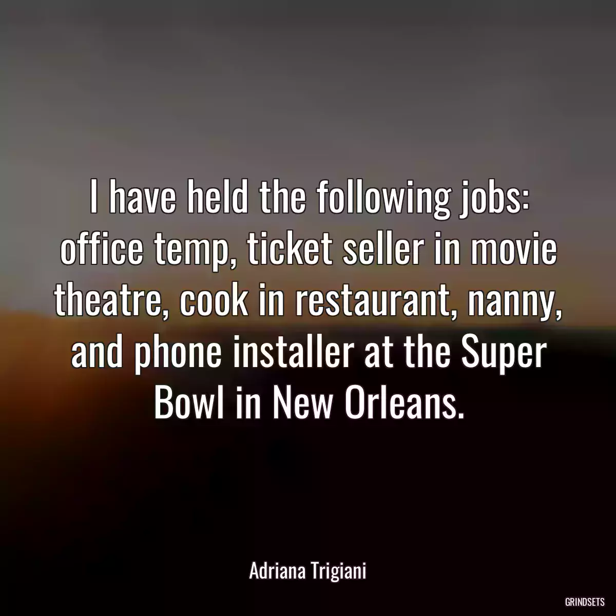 I have held the following jobs: office temp, ticket seller in movie theatre, cook in restaurant, nanny, and phone installer at the Super Bowl in New Orleans.