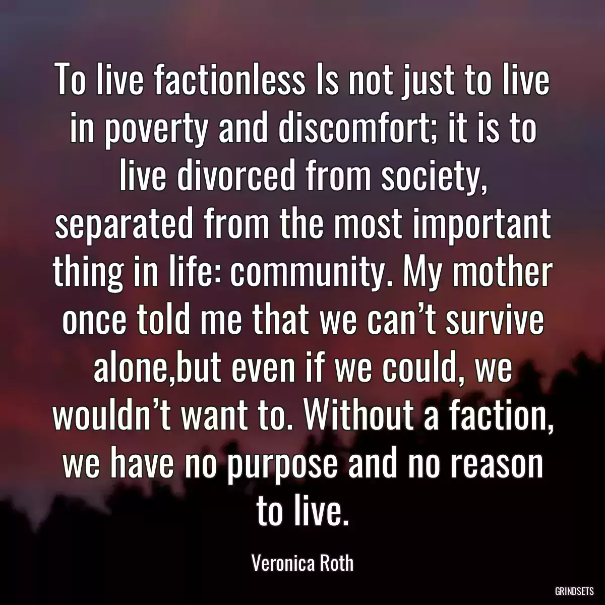 To live factionless Is not just to live in poverty and discomfort; it is to live divorced from society, separated from the most important thing in life: community. My mother once told me that we can’t survive alone,but even if we could, we wouldn’t want to. Without a faction, we have no purpose and no reason to live.