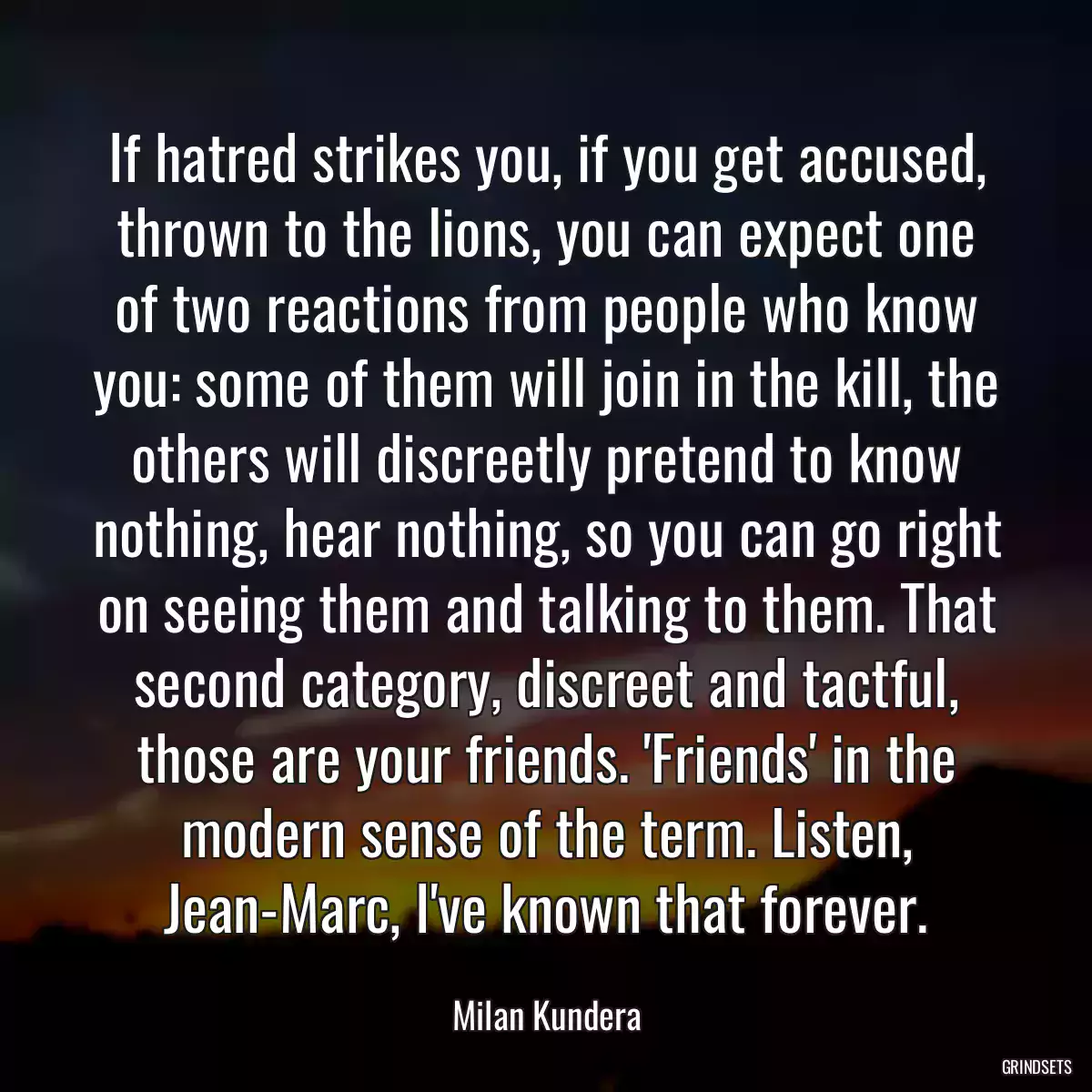 If hatred strikes you, if you get accused, thrown to the lions, you can expect one of two reactions from people who know you: some of them will join in the kill, the others will discreetly pretend to know nothing, hear nothing, so you can go right on seeing them and talking to them. That second category, discreet and tactful, those are your friends. \'Friends\' in the modern sense of the term. Listen, Jean-Marc, I\'ve known that forever.