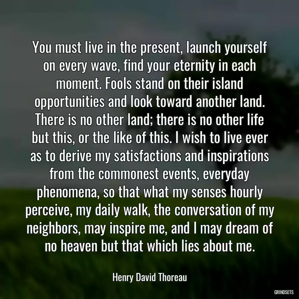 You must live in the present, launch yourself on every wave, find your eternity in each moment. Fools stand on their island opportunities and look toward another land. There is no other land; there is no other life but this, or the like of this. I wish to live ever as to derive my satisfactions and inspirations from the commonest events, everyday phenomena, so that what my senses hourly perceive, my daily walk, the conversation of my neighbors, may inspire me, and I may dream of no heaven but that which lies about me.