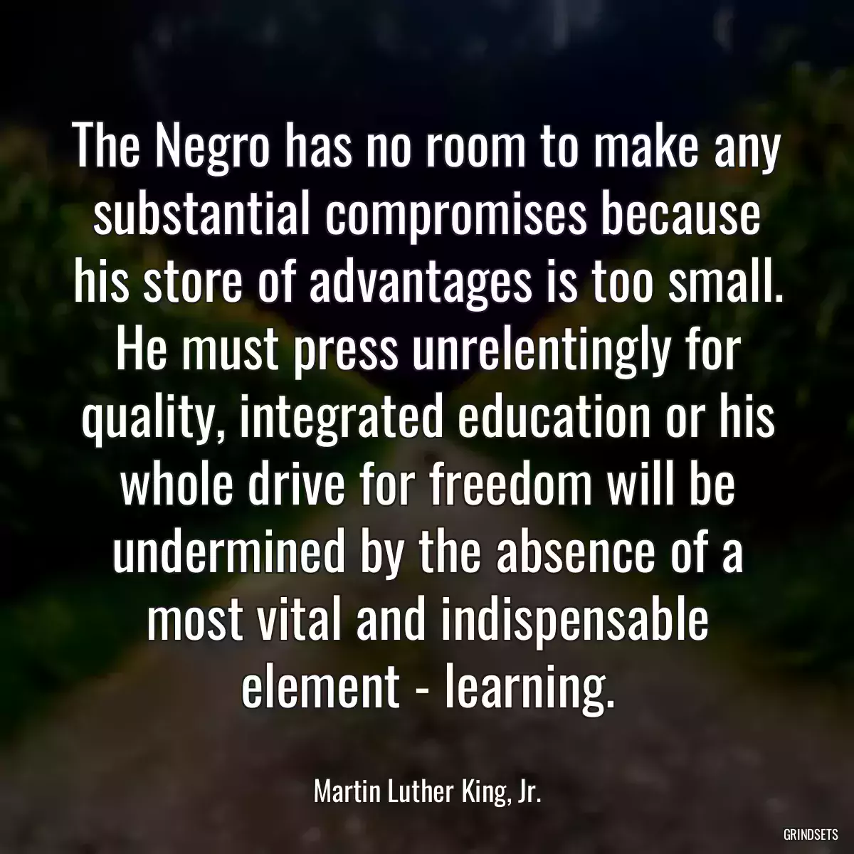 The Negro has no room to make any substantial compromises because his store of advantages is too small. He must press unrelentingly for quality, integrated education or his whole drive for freedom will be undermined by the absence of a most vital and indispensable element - learning.