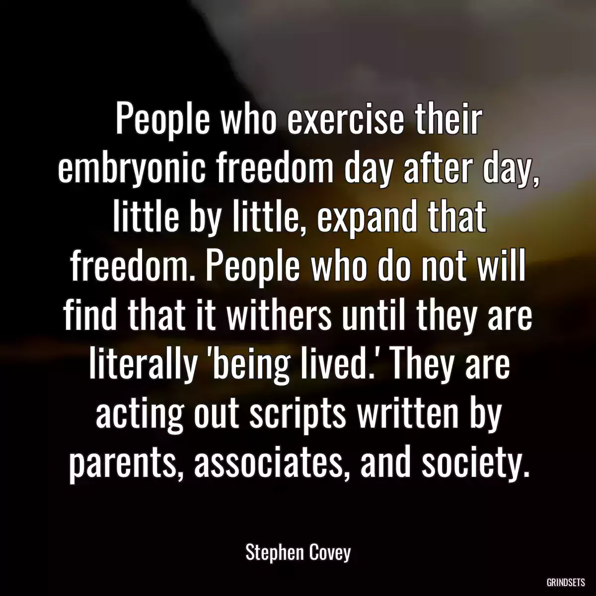 People who exercise their embryonic freedom day after day, little by little, expand that freedom. People who do not will find that it withers until they are literally \'being lived.\' They are acting out scripts written by parents, associates, and society.