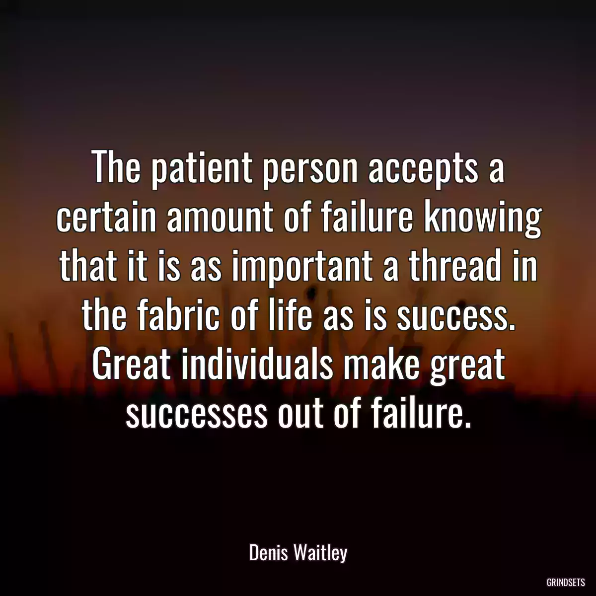 The patient person accepts a certain amount of failure knowing that it is as important a thread in the fabric of life as is success. Great individuals make great successes out of failure.