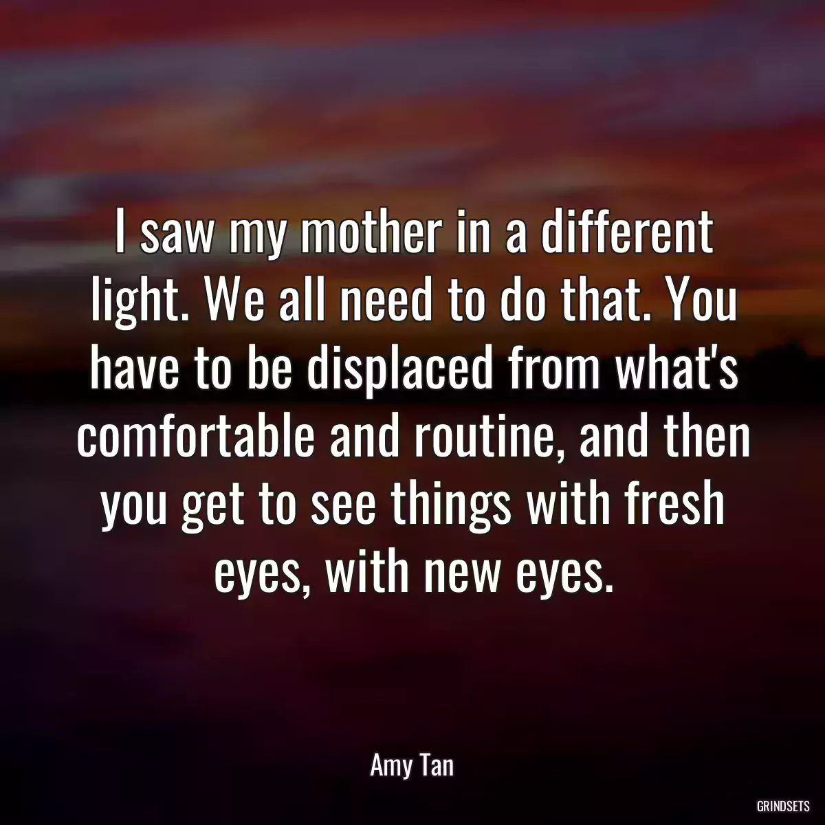 I saw my mother in a different light. We all need to do that. You have to be displaced from what\'s comfortable and routine, and then you get to see things with fresh eyes, with new eyes.