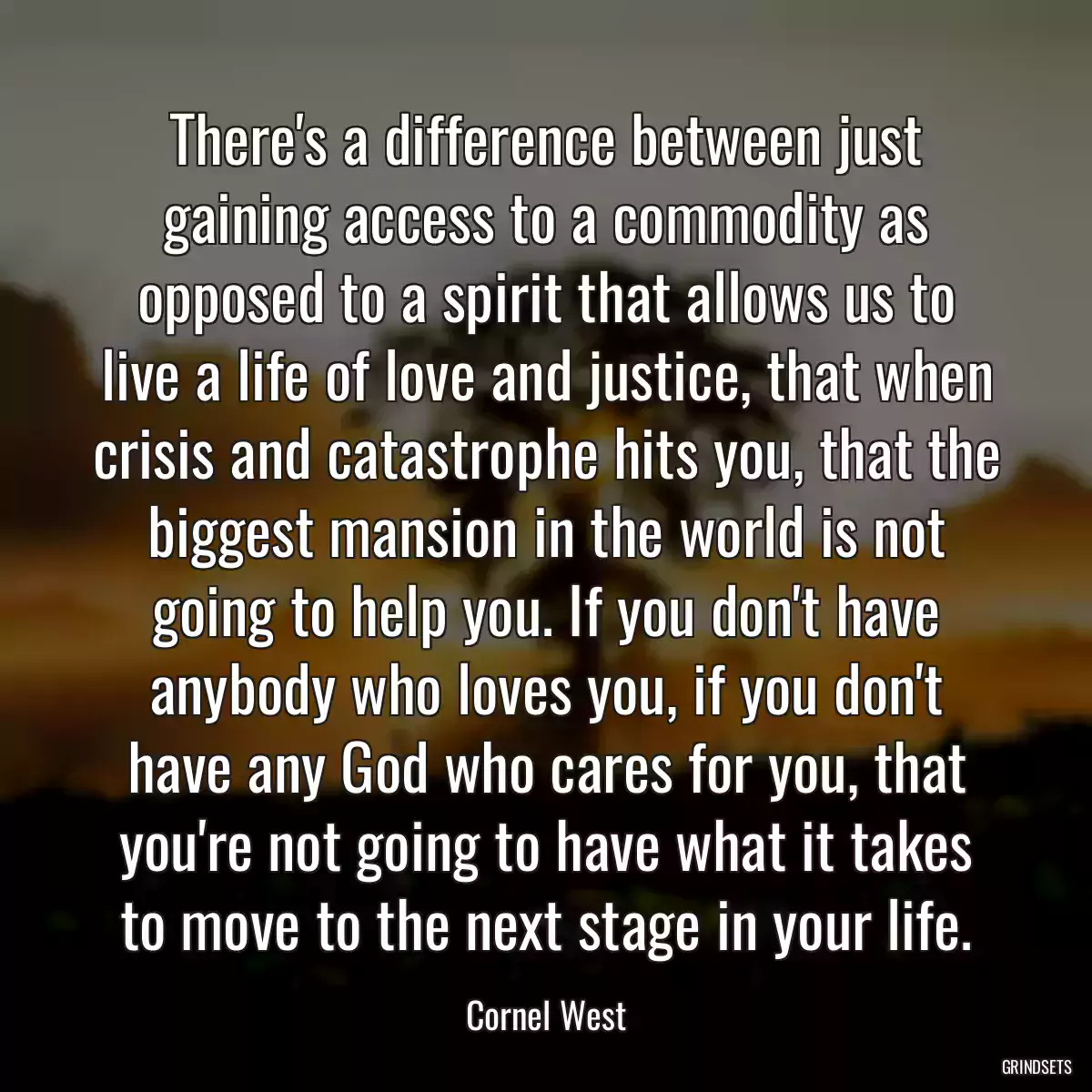 There\'s a difference between just gaining access to a commodity as opposed to a spirit that allows us to live a life of love and justice, that when crisis and catastrophe hits you, that the biggest mansion in the world is not going to help you. If you don\'t have anybody who loves you, if you don\'t have any God who cares for you, that you\'re not going to have what it takes to move to the next stage in your life.