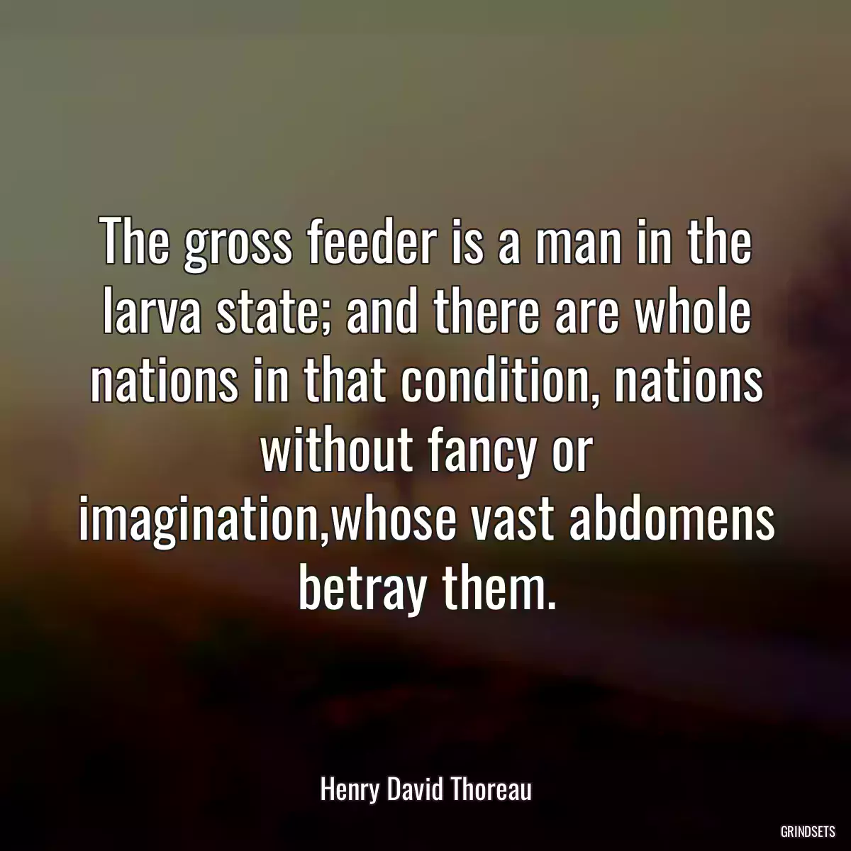 The gross feeder is a man in the larva state; and there are whole nations in that condition, nations without fancy or imagination,whose vast abdomens betray them.