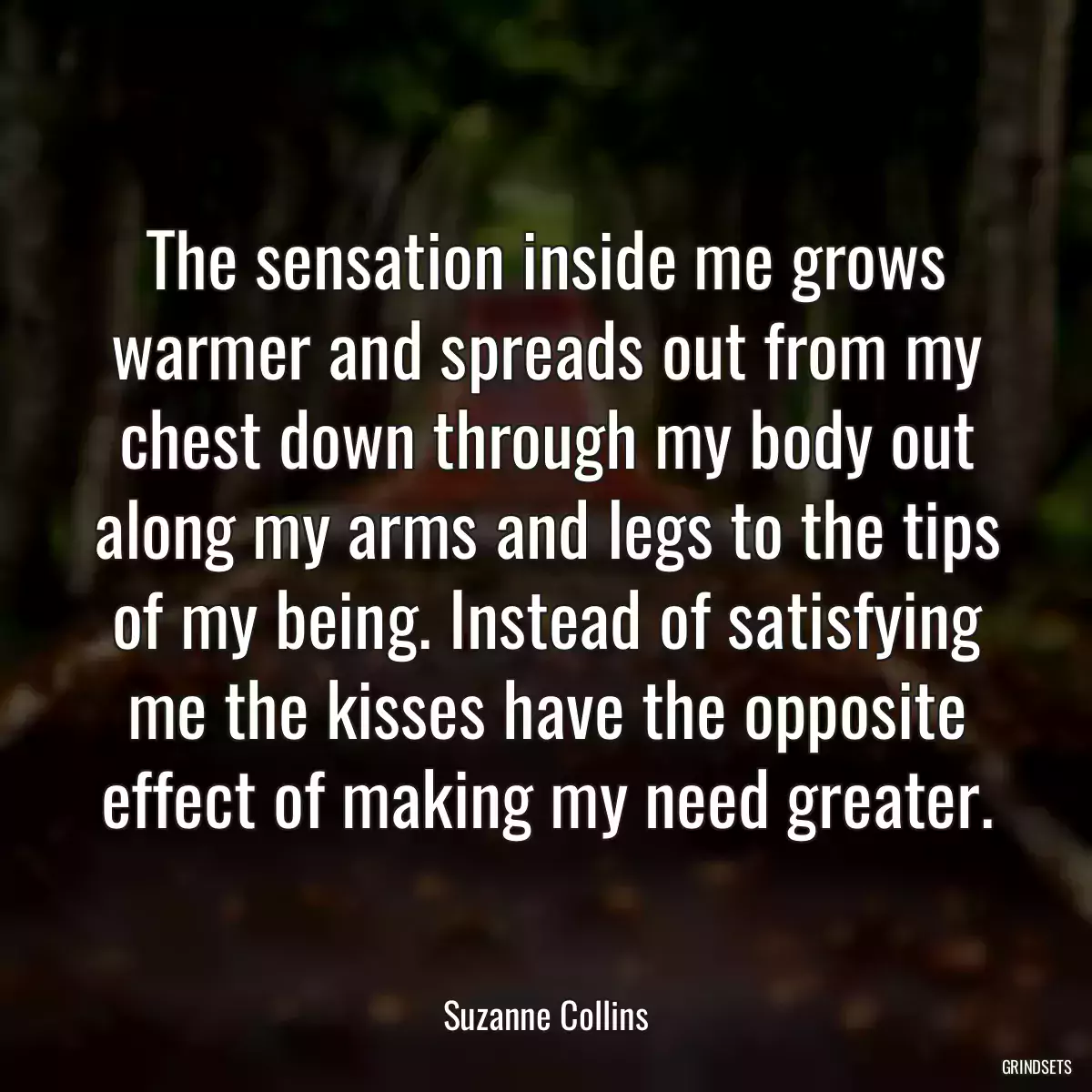 The sensation inside me grows warmer and spreads out from my chest down through my body out along my arms and legs to the tips of my being. Instead of satisfying me the kisses have the opposite effect of making my need greater.