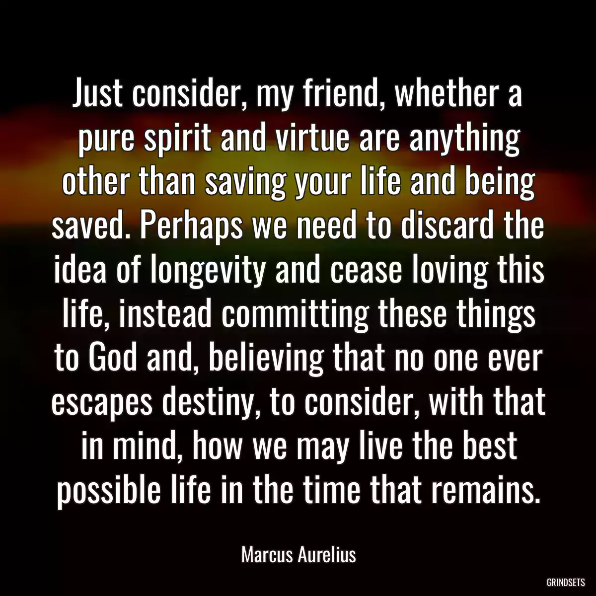 Just consider, my friend, whether a pure spirit and virtue are anything other than saving your life and being saved. Perhaps we need to discard the idea of longevity and cease loving this life, instead committing these things to God and, believing that no one ever escapes destiny, to consider, with that in mind, how we may live the best possible life in the time that remains.