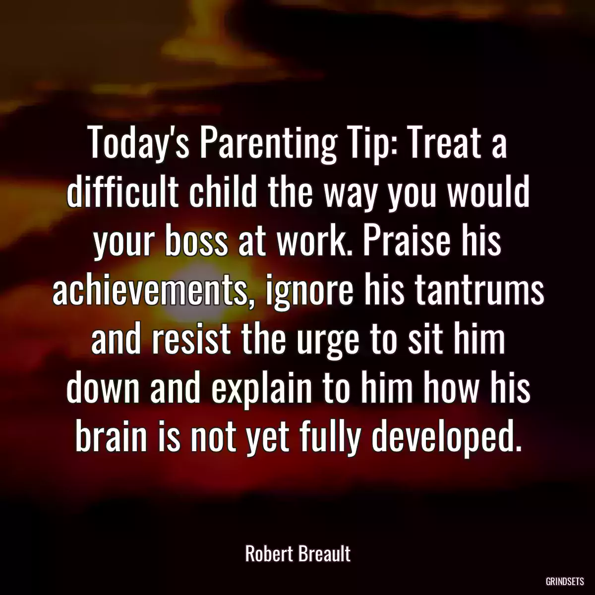 Today\'s Parenting Tip: Treat a difficult child the way you would your boss at work. Praise his achievements, ignore his tantrums and resist the urge to sit him down and explain to him how his brain is not yet fully developed.