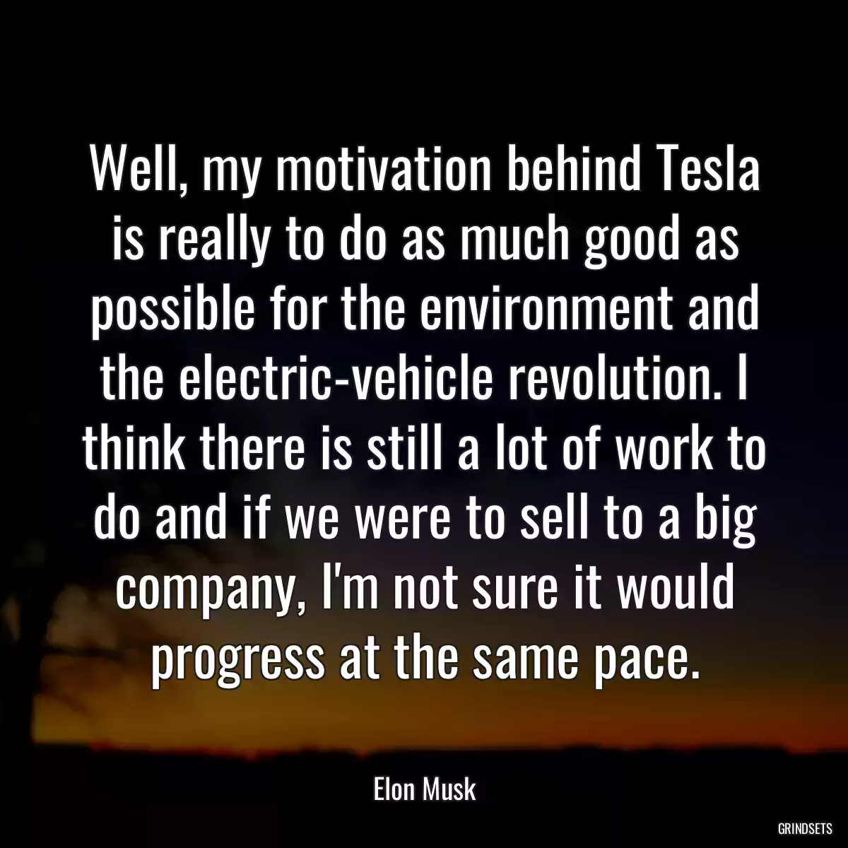Well, my motivation behind Tesla is really to do as much good as possible for the environment and the electric-vehicle revolution. I think there is still a lot of work to do and if we were to sell to a big company, I\'m not sure it would progress at the same pace.