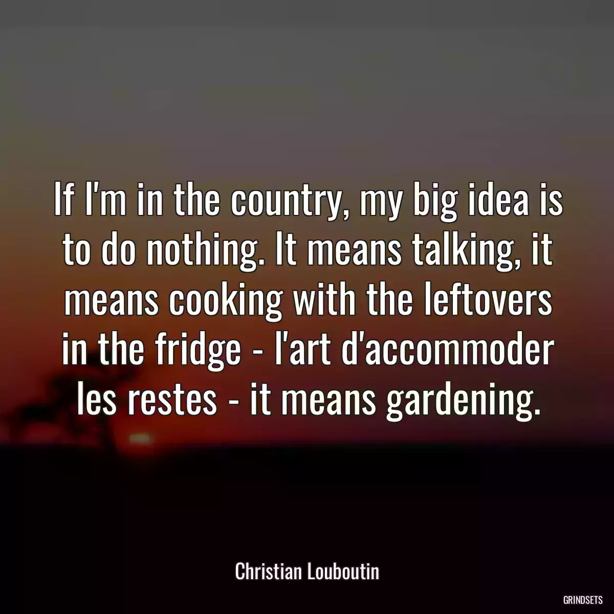 If I\'m in the country, my big idea is to do nothing. It means talking, it means cooking with the leftovers in the fridge - l\'art d\'accommoder les restes - it means gardening.