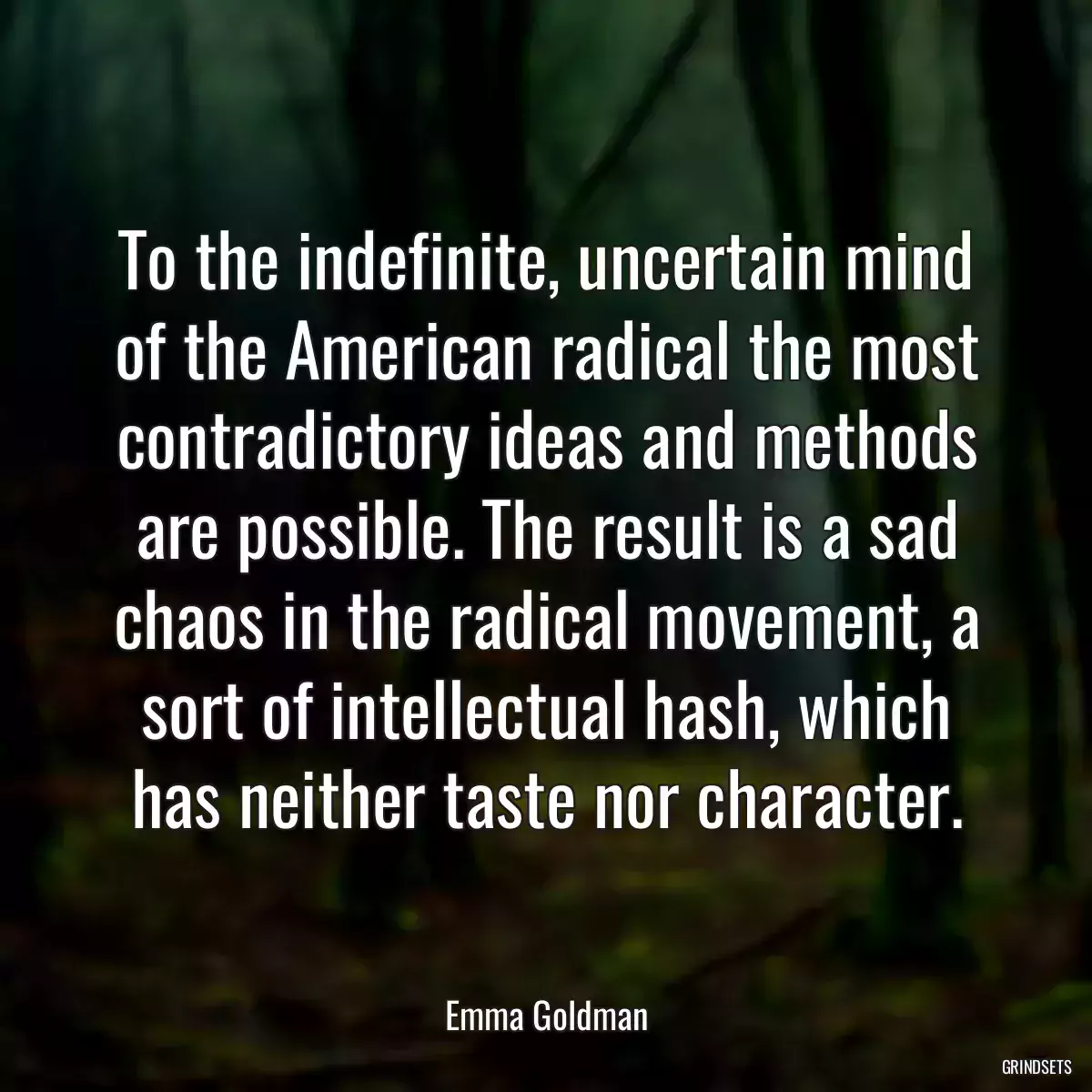 To the indefinite, uncertain mind of the American radical the most contradictory ideas and methods are possible. The result is a sad chaos in the radical movement, a sort of intellectual hash, which has neither taste nor character.