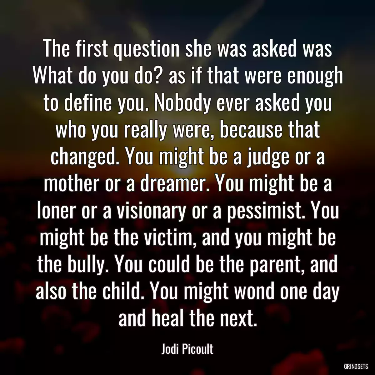 The first question she was asked was What do you do? as if that were enough to define you. Nobody ever asked you who you really were, because that changed. You might be a judge or a mother or a dreamer. You might be a loner or a visionary or a pessimist. You might be the victim, and you might be the bully. You could be the parent, and also the child. You might wond one day and heal the next.