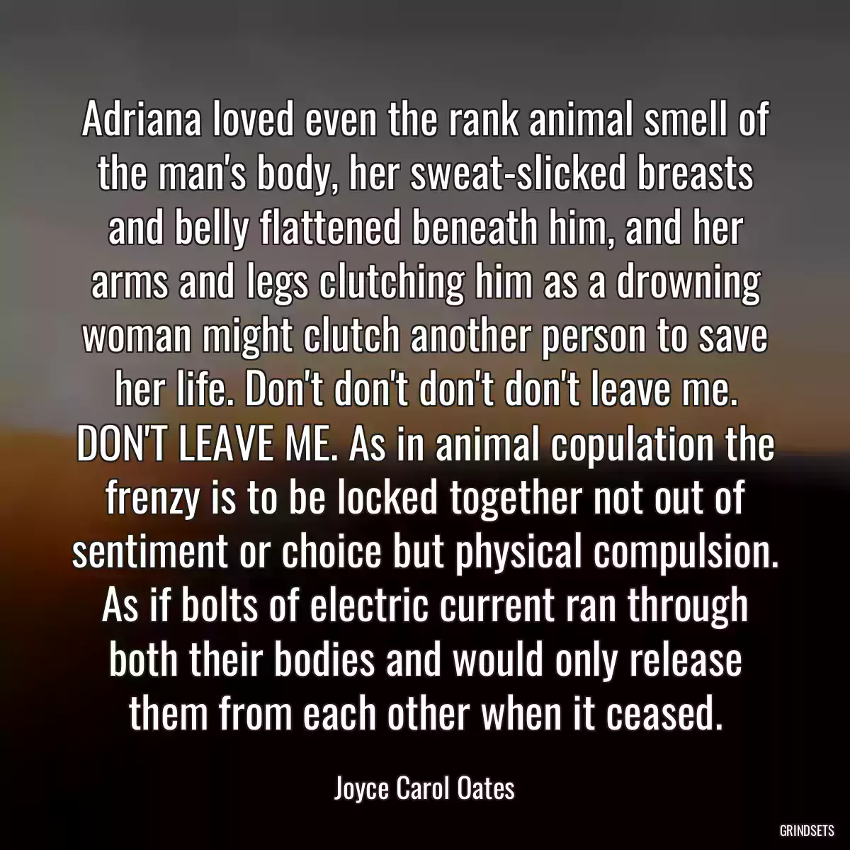 Adriana loved even the rank animal smell of the man\'s body, her sweat-slicked breasts and belly flattened beneath him, and her arms and legs clutching him as a drowning woman might clutch another person to save her life. Don\'t don\'t don\'t don\'t leave me. DON\'T LEAVE ME. As in animal copulation the frenzy is to be locked together not out of sentiment or choice but physical compulsion. As if bolts of electric current ran through both their bodies and would only release them from each other when it ceased.