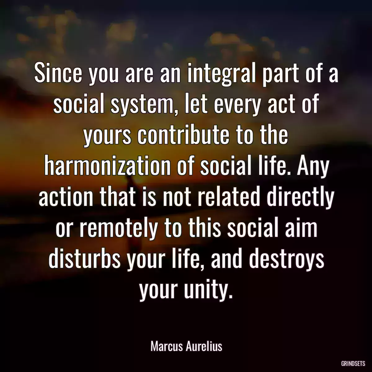 Since you are an integral part of a social system, let every act of yours contribute to the harmonization of social life. Any action that is not related directly or remotely to this social aim disturbs your life, and destroys your unity.