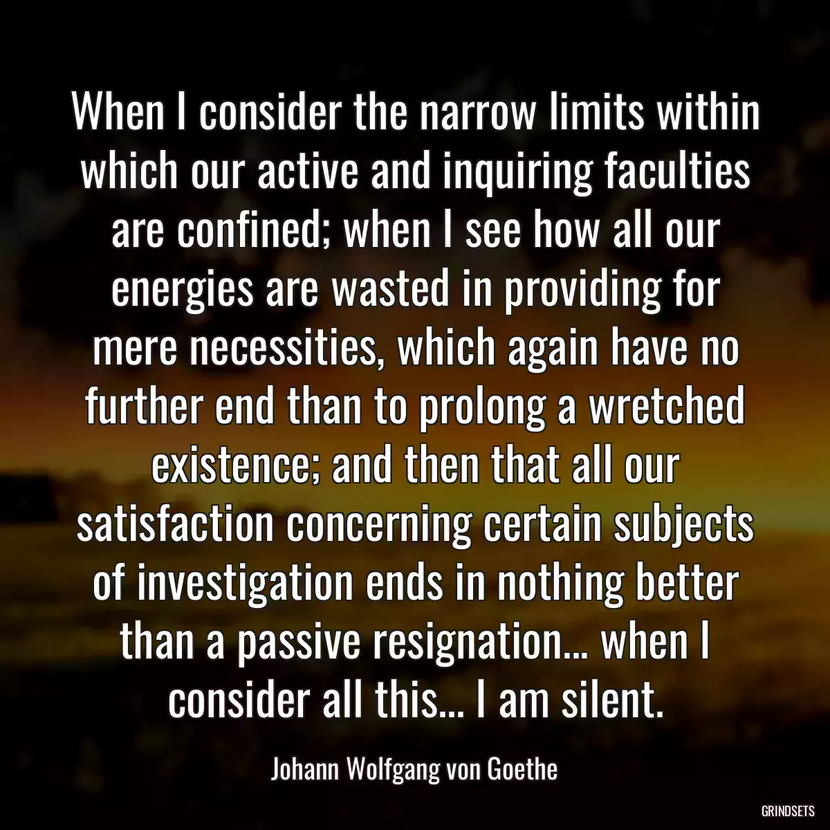 When I consider the narrow limits within which our active and inquiring faculties are confined; when I see how all our energies are wasted in providing for mere necessities, which again have no further end than to prolong a wretched existence; and then that all our satisfaction concerning certain subjects of investigation ends in nothing better than a passive resignation... when I consider all this... I am silent.