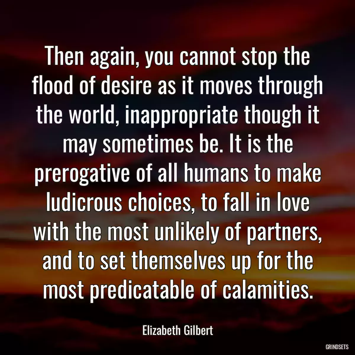 Then again, you cannot stop the flood of desire as it moves through the world, inappropriate though it may sometimes be. It is the prerogative of all humans to make ludicrous choices, to fall in love with the most unlikely of partners, and to set themselves up for the most predicatable of calamities.