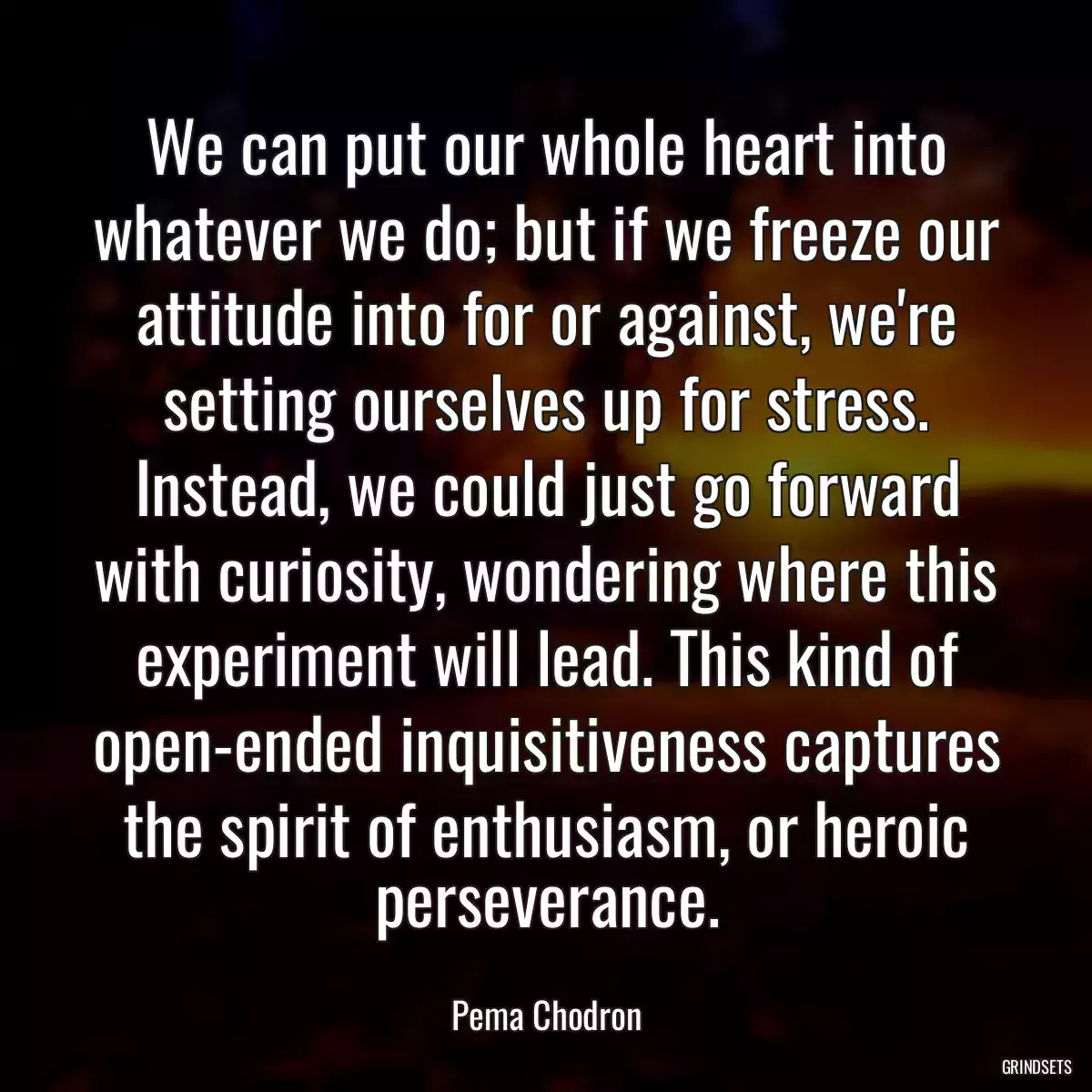 We can put our whole heart into whatever we do; but if we freeze our attitude into for or against, we\'re setting ourselves up for stress. Instead, we could just go forward with curiosity, wondering where this experiment will lead. This kind of open-ended inquisitiveness captures the spirit of enthusiasm, or heroic perseverance.