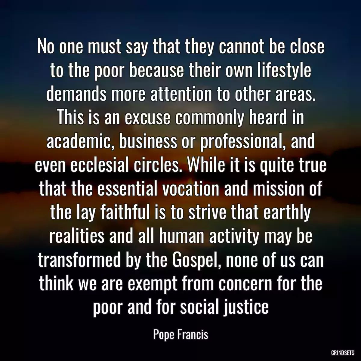 No one must say that they cannot be close to the poor because their own lifestyle demands more attention to other areas. This is an excuse commonly heard in academic, business or professional, and even ecclesial circles. While it is quite true that the essential vocation and mission of the lay faithful is to strive that earthly realities and all human activity may be transformed by the Gospel, none of us can think we are exempt from concern for the poor and for social justice