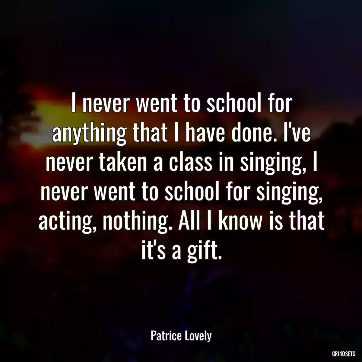 I never went to school for anything that I have done. I\'ve never taken a class in singing, I never went to school for singing, acting, nothing. All I know is that it\'s a gift.