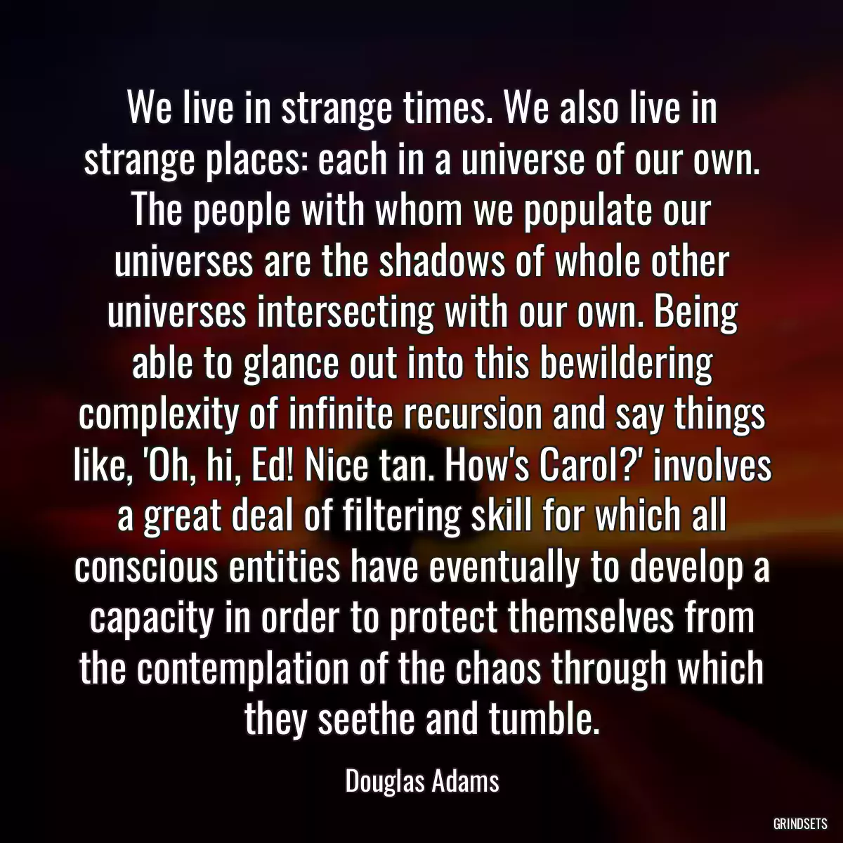 We live in strange times. We also live in strange places: each in a universe of our own. The people with whom we populate our universes are the shadows of whole other universes intersecting with our own. Being able to glance out into this bewildering complexity of infinite recursion and say things like, \'Oh, hi, Ed! Nice tan. How\'s Carol?\' involves a great deal of filtering skill for which all conscious entities have eventually to develop a capacity in order to protect themselves from the contemplation of the chaos through which they seethe and tumble.