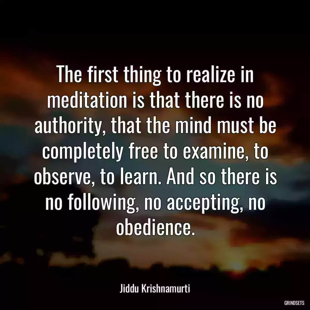 The first thing to realize in meditation is that there is no authority, that the mind must be completely free to examine, to observe, to learn. And so there is no following, no accepting, no obedience.