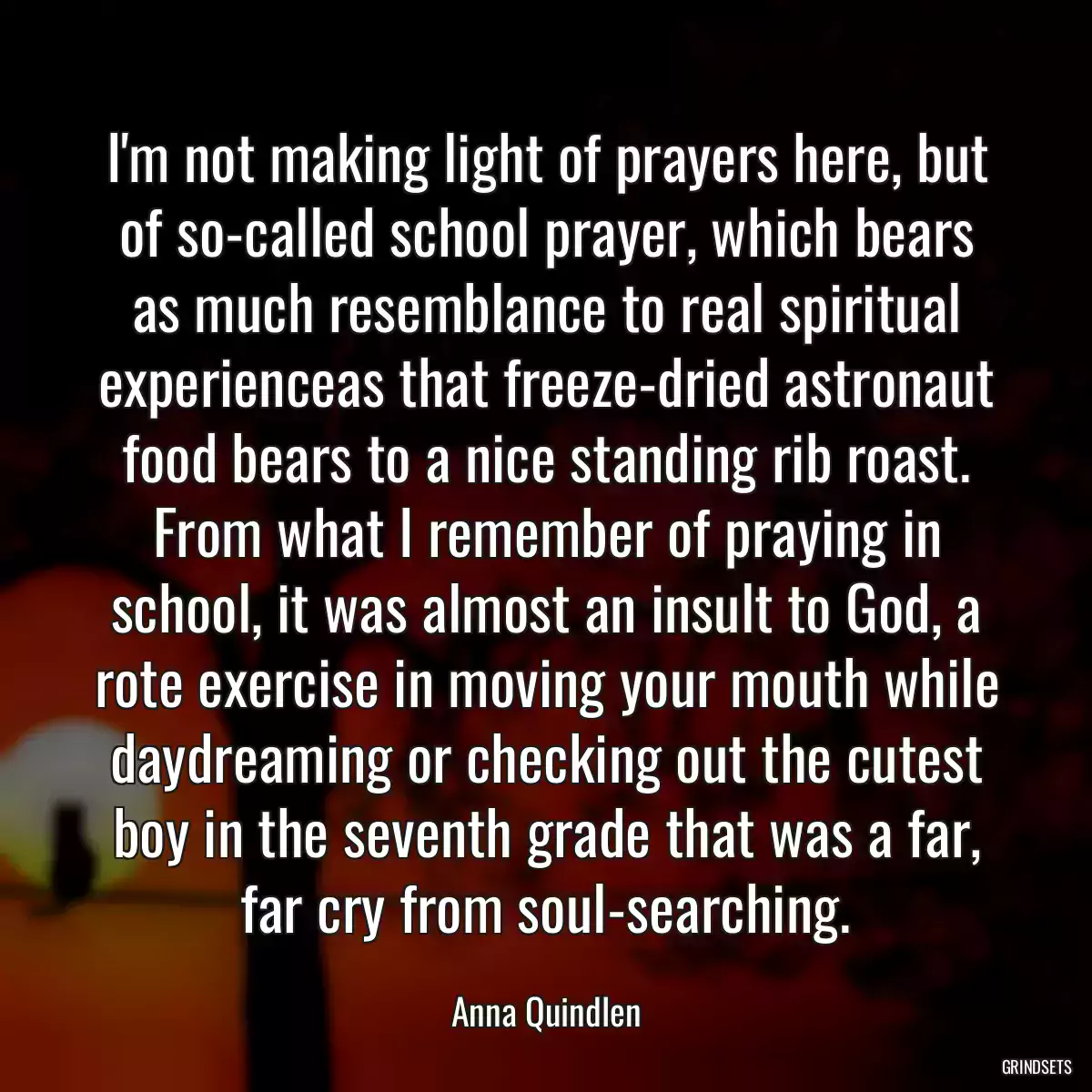 I\'m not making light of prayers here, but of so-called school prayer, which bears as much resemblance to real spiritual experienceas that freeze-dried astronaut food bears to a nice standing rib roast. From what I remember of praying in school, it was almost an insult to God, a rote exercise in moving your mouth while daydreaming or checking out the cutest boy in the seventh grade that was a far, far cry from soul-searching.