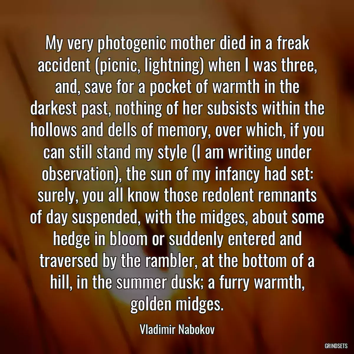 My very photogenic mother died in a freak accident (picnic, lightning) when I was three, and, save for a pocket of warmth in the darkest past, nothing of her subsists within the hollows and dells of memory, over which, if you can still stand my style (I am writing under observation), the sun of my infancy had set: surely, you all know those redolent remnants of day suspended, with the midges, about some hedge in bloom or suddenly entered and traversed by the rambler, at the bottom of a hill, in the summer dusk; a furry warmth, golden midges.