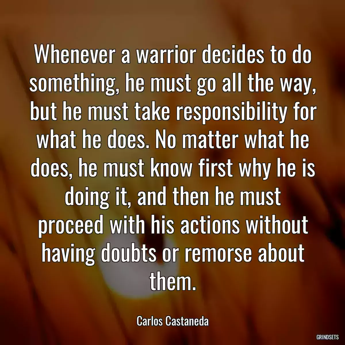 Whenever a warrior decides to do something, he must go all the way, but he must take responsibility for what he does. No matter what he does, he must know first why he is doing it, and then he must proceed with his actions without having doubts or remorse about them.