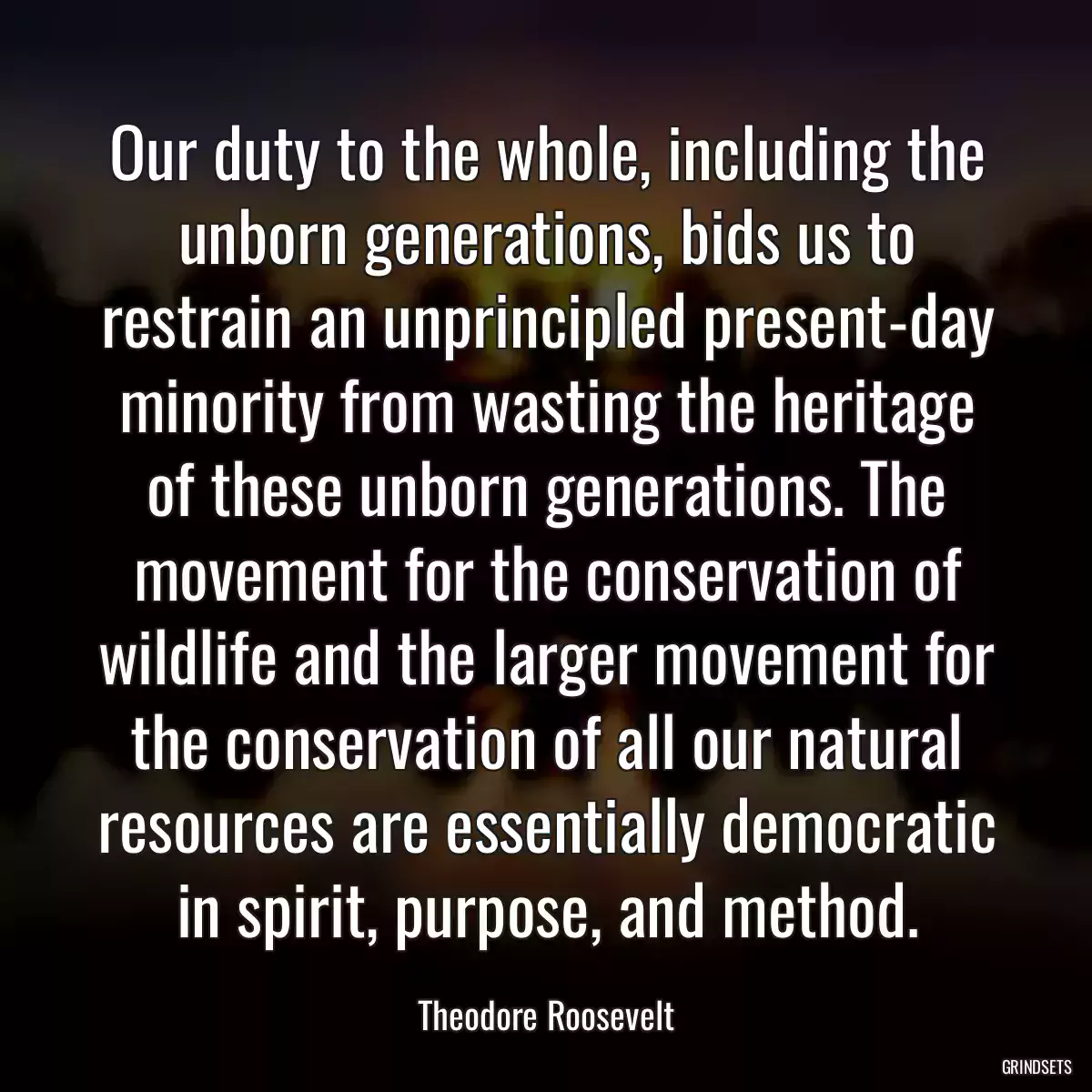 Our duty to the whole, including the unborn generations, bids us to restrain an unprincipled present-day minority from wasting the heritage of these unborn generations. The movement for the conservation of wildlife and the larger movement for the conservation of all our natural resources are essentially democratic in spirit, purpose, and method.