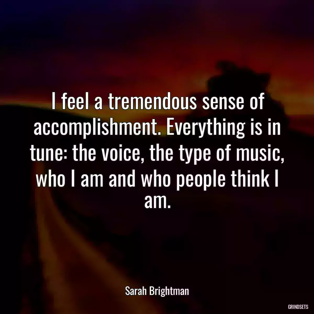 I feel a tremendous sense of accomplishment. Everything is in tune: the voice, the type of music, who I am and who people think I am.